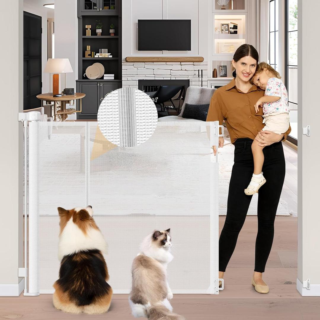 Reinforced 42" Extra Tall Retractable Baby Gates Tall Dog Gate with Support Rods, 55" Wide Mesh Gate Retractable Pet Gate Indoor/Outdoor Baby Gates for Dogs - Bottom Anti-Escape, White