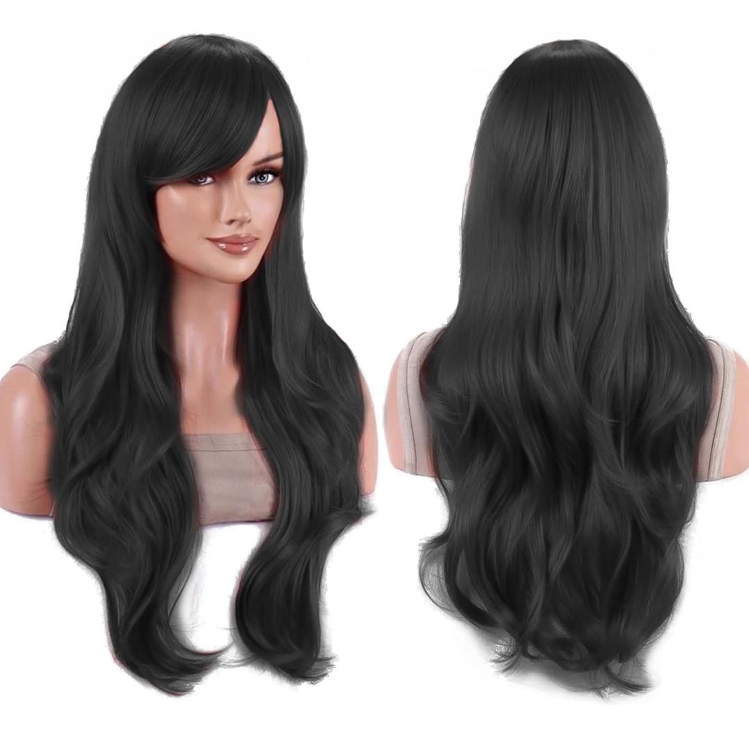 IMISSU 28 Inch/70cm Long Hair Water Wavy Wigs with Bangs Cosplay Costume Wig (Black)