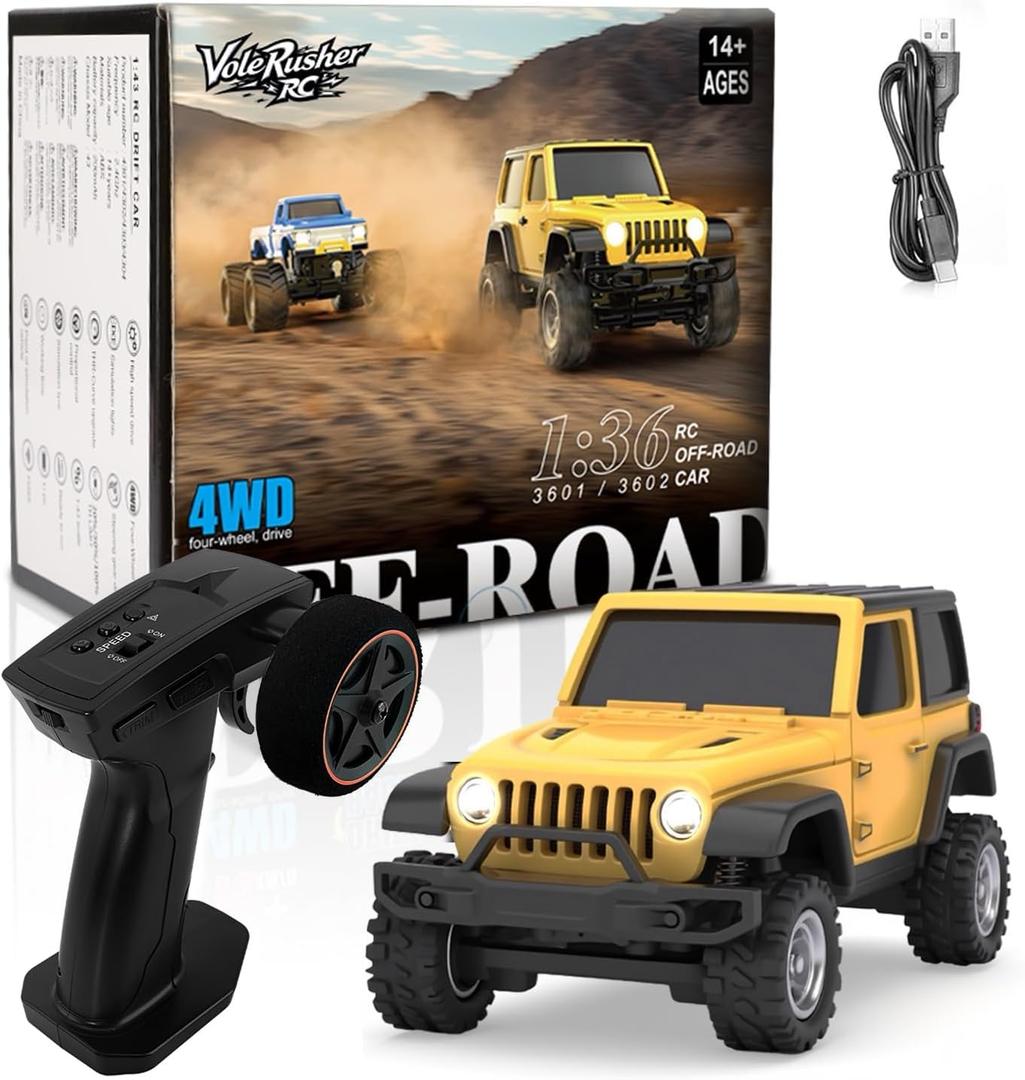 [4WD Edition 1/36 Scale Mini RC Crawler Car, Toys for Age 8-14 Old Birthday Gifts, Micro RC Truck 44 Small Cars with Off Road Full Proportional RTR 2.4GHz Remote - Yellow