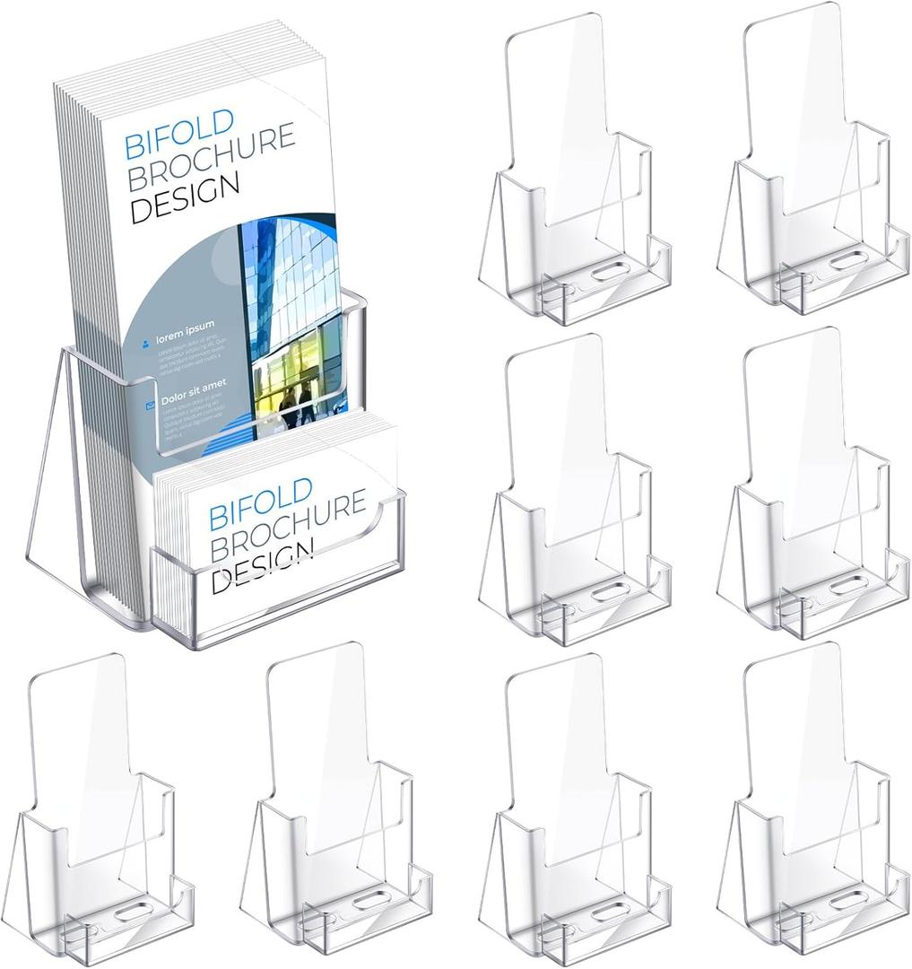 Wenqik Acrylic Brochure Holder with Business Card 4.1 Inch Rack Card Holder Pamphlet Display Stand Organizer for Menu Flyer Magazine Office Booklets (8 Pcs)