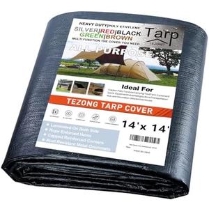 TEZONG Tarps Heavy Duty Waterproof 14x14ft,Black Plastic Tarps Large Multipurpose Outdoor Tarp Cover Thick Poly Tarpaulin 16MIL for Emergency Rain or Sun, Roof, Patio Furniture, Firewood, Canopy