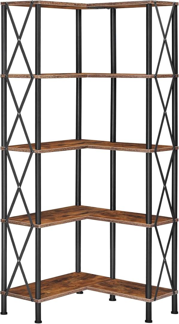 HOOBRO Corner Bookshelf, 5-Tier L-Shaped Bookcase, Industrial Open Display Shelf Tall Storage Organizer, Vertical Storage Rack, for Living Room, Home Office, Rustic Brown and Black BF60SJ01, 