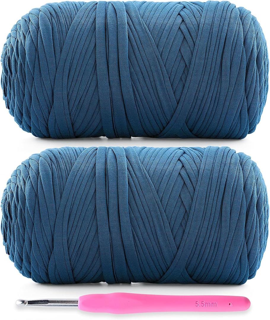 2 Pack Soft T-Shirt Yarn for Crochet, T Shirt Yarns for Crocheting Crafts, Bags, Basket, Coaster, Tshirt Yarns - 800 G/260 Yds with 1 Crochet Hook (2, Denim Blue)