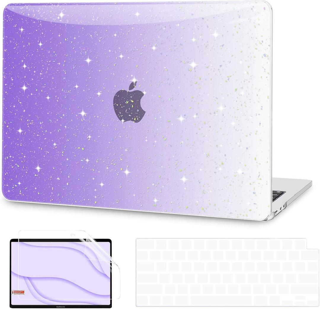 G JGOO Compatible with MacBook Air 13 inch Case 2025 2024 2023 2022 M4 A3240 M3 A3113 M2 A2681, Glitter Hard Shell for MacBook Air 13.6 inch Case + Keyboard Cover + Screen Protector, Gradient Purple