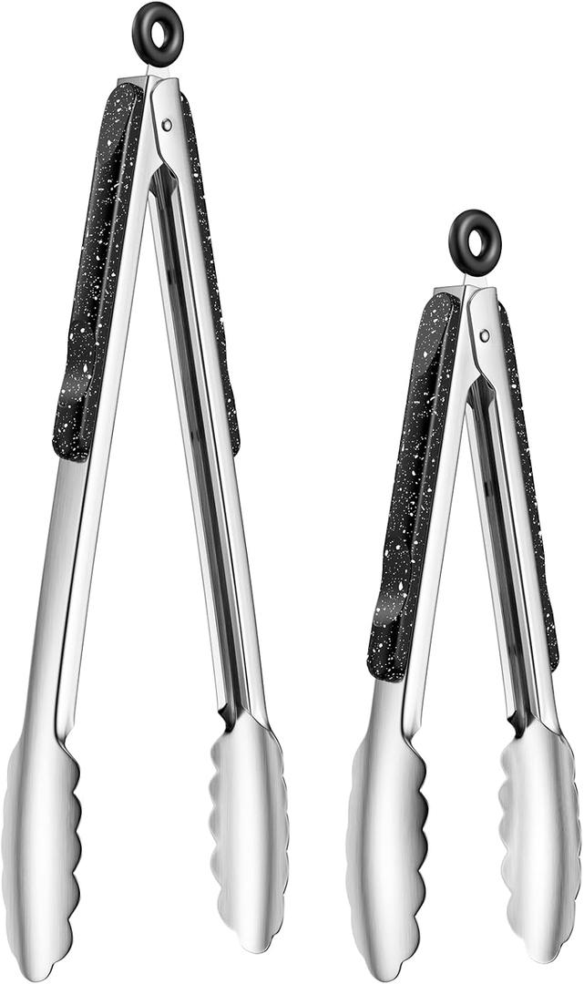 Stainless Steel Tongs for Cooking, Set of 2 (9" & 12")  Heavy-Duty Kitchen and BBQ Grill Tongs with Locking Design, Non-Slip Handle, Dishwasher Safe,Ideal for Grilling, Salad, and Everyday Cooking