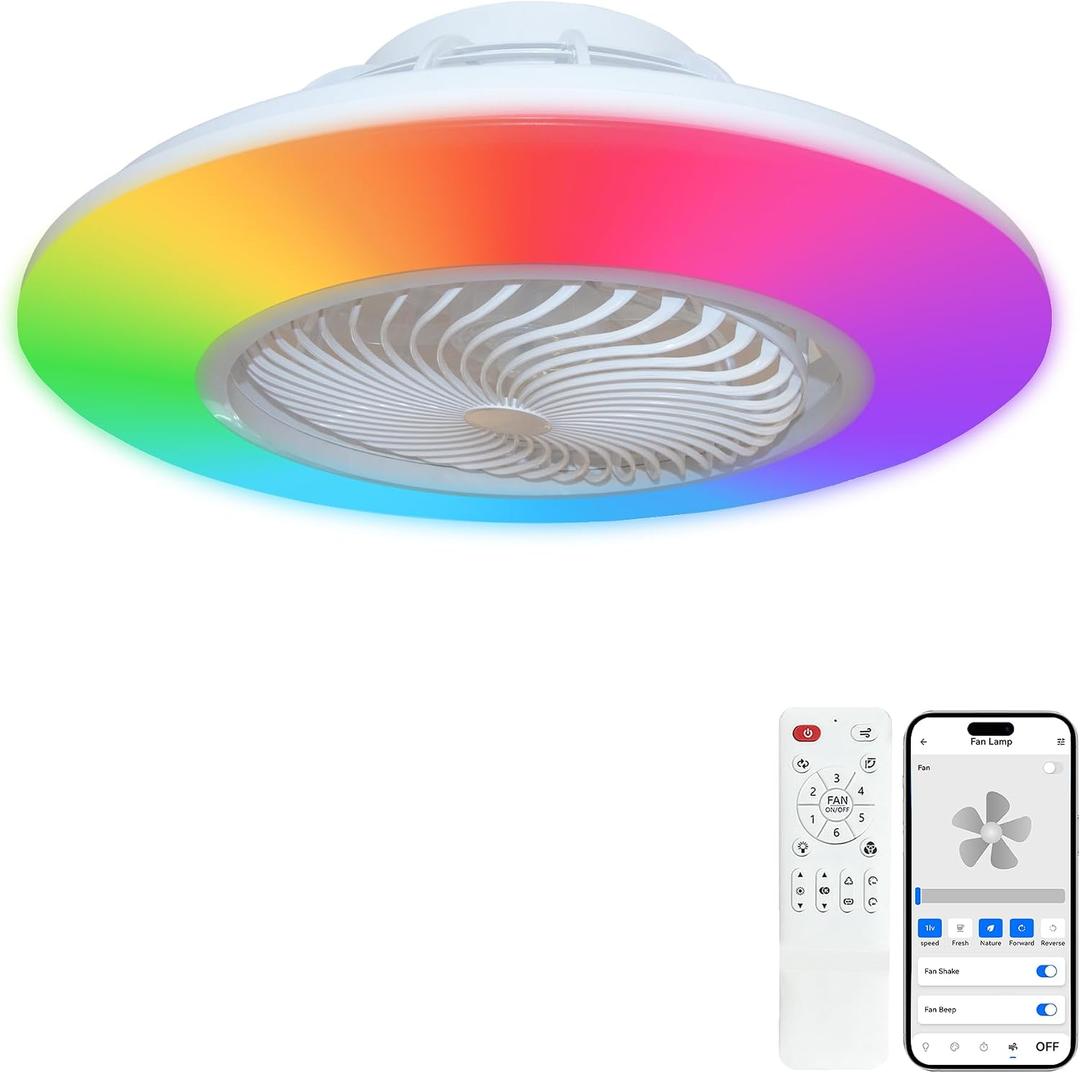 22 inch Bladeless Ceiling Fan with Lights | 360 Oscillating, RGB Color Changing 2900-6500K dimmable, APP/Remote, low-profile flush mount for bedroom/living room
