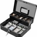 KYODOLED Cash Box with Key Lock, Metal Cash Drawer with Auto-Pop Coin Tray & Hidden Storage, Portable Money Box with Windproof Bill Clips for Small Business Yard Sales, 11.8x9.45x3.54 Inch, Black