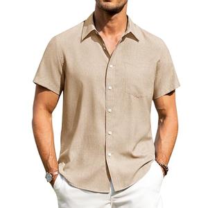 Alimens & Gentle Mens Linen Shirts Short Sleeve Button Down Shirts Wrinkle Free Casual Vacation Beach Summer Tops,Light Khaki,L