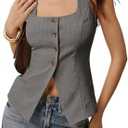 Floerns Women's Elegant Striped Tank Top Button Down Square Neck Business Casual Blouse Top