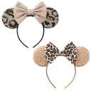 Bows Mouse Ears Headband - 2 Pcs Cute Sequin Headband for Women, Suitable for Halloween Variety Holiday Party Favors and Cosplay Role Play(Rose Gold and Leopard Print)