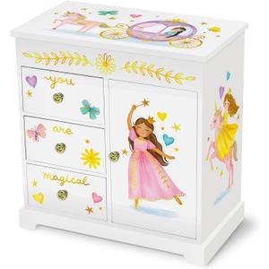 Giggle & Honey Princess Musical Jewelry Box for Girls Kids Music Box with Drawers, Fairytale Gifts for Girls Birthday, Princess Jewelry Boxes for Ages 3-10