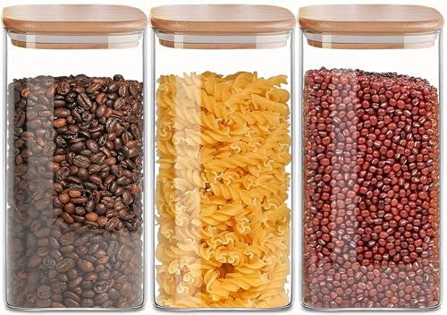 VIEWELLD 1.6 Qt Square Glass Storage Containers with Lids, Clear Food Storage Container Jar with Sealing Bamboo Lid for Noodles Flour Cereal Rice Sugar Tea Coffee Beans,Square Set of 3
