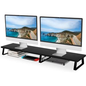 Aothia Large Dual Monitor Stand Riser - Monitor Stand For 2 Monitors, Monitor Stand With Drawer,Desk Shelf For Monitor, Wood Monitor Riser Stand with Storage Organize For Pc,Tv,Laptop,Screen (Black)