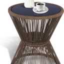 LEWIS&WAYNE Small Outdoor Side Table Patio 20 H Woven Rope Hourglass End Table with Glass Top Round Coffee Table for Living Room Outdoor Patio Backyard Poolside (Brown)