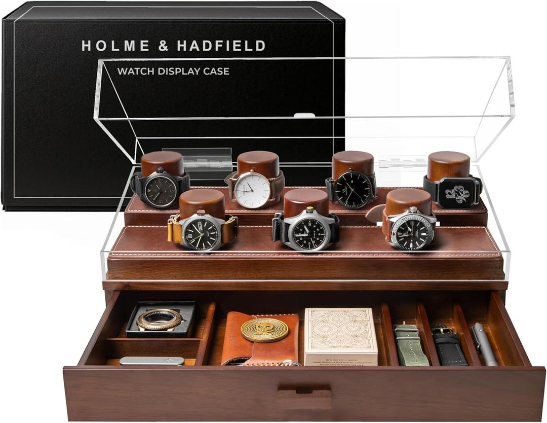 Premium 7 Slot Watch Box for Men - Large Wooden Watch Display Case with Hinged Cover, Leather Lining & Drawer - Watch Holder Organizer Stand - Handcrafted Luxury Birthday Gift for Men