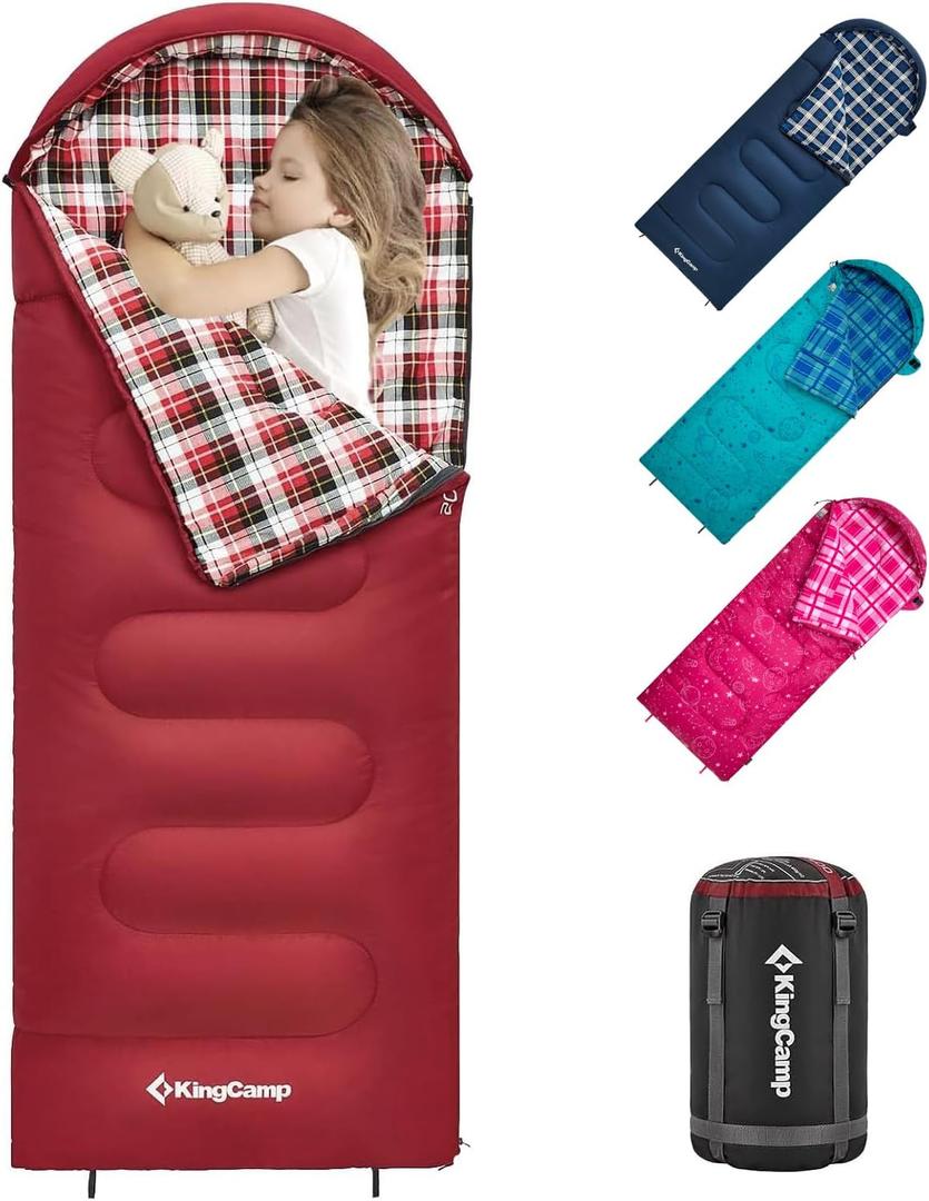 KingCamp 45 F Kids Sleeping Bag, Lightweight Waterproof & Compact Flannel Sleeping Bags Cold Weather & Warm Youth Essentials Gear Accessories for Camping, Fits 10-12 Children up to 5'5" Tall (66.9" x 27.5", 8.6F ~44.6F Red Left)