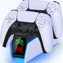 PS5 Controller Charger Station for PlayStation 5 Dualsense Controllers with LED Light Dual Stand Charger Dock, PS5 Controller Charging Station Accessories for PlayStation 5 Faceplates DualSense Edge (S-Charger, White and Black-RGB Charger)