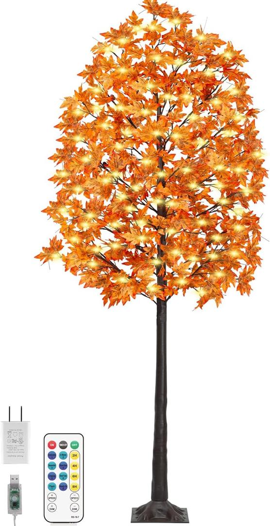 8FT 210 LED Lighted Maple Tree - Thanksgiving Decor Artificial Fall Tree with 21 Branches, 21 Acorns 420 Leaves, Remote 8 Flashing Modes, Timing, DC 5V Safe for Outdoor Wedding Party Autumn Decor