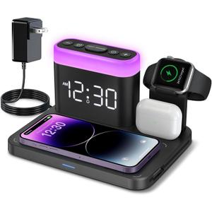 ANJANK Wireless Charging Station,5 in 1 Multiple Charger Stand with Alarm Clock,7 Night Light,Mag-Safe Charging Dock for iPhone 17 16 15 14 13 12 Pro Max Plus,Apple Watch 11/10/9/8,for Airpods,Bedroom (Black)