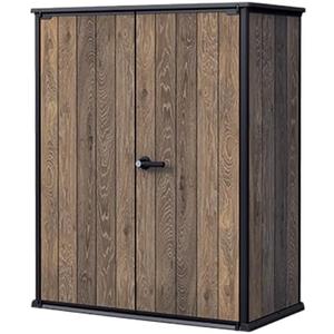 Keter Signature Collection Vertical Ft All-Weather Storage Shed with Skylight, Window, Built-in Ventilation, Customizable Walls, & Lockable Double Doors, Walnut