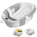 Collapsible Baby Bathtub with Soft Cushion and Thermometer, Newborn to Toddler Tub 0-36 Months with Toy Storage Mesh Bag, Portable Travel Bath for Infants (Grey)