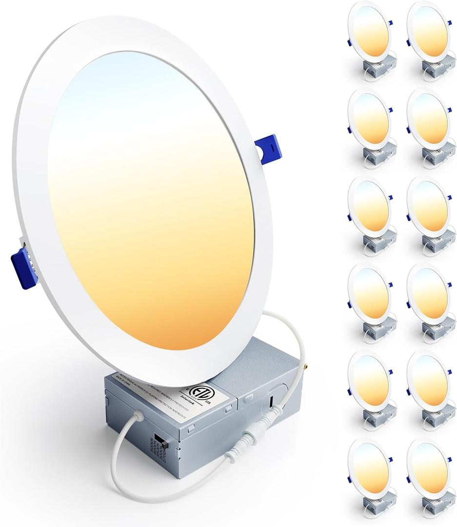 Ensenior 12 Pack 8 Inch LED Recessed Ceiling Light, Dimmable, 2700K-5000K 5CCT, 1600LM 18W 120V, High Brightness Canless Wafer Downlight - ETL&FCC&IC (2700k/3000k/3500k/4000k/5000k - 5cct White)