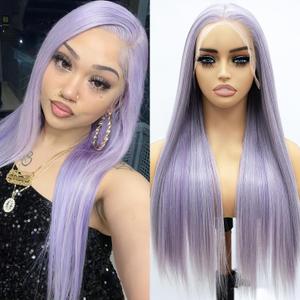 Long Light Purple Highlighted Glueless Straight Lace Front Wig Lavender 200 Density Pre Plucked Synthetic Heat Resistant Wig With Baby Hair Colorful Lace Wigs For Women Cosplay Party 26 inch