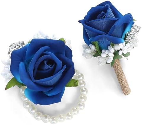 Floroom Royal Blue Rose Wrist Corsage Wristlet Band Bracelet and Men Boutonniere Set for Wedding Flower Accessories Prom Suit Decorations