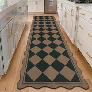 SHACOS Easy Jute 3x10 ft Washable Runner Rug Scalloped Black Checker Plaid Non Slip Woven Texture Geometric Throw Rug for Entryway Hallway Kitchen Indoor Outdoor Patio Carpet Black Checkered, 3'x10'