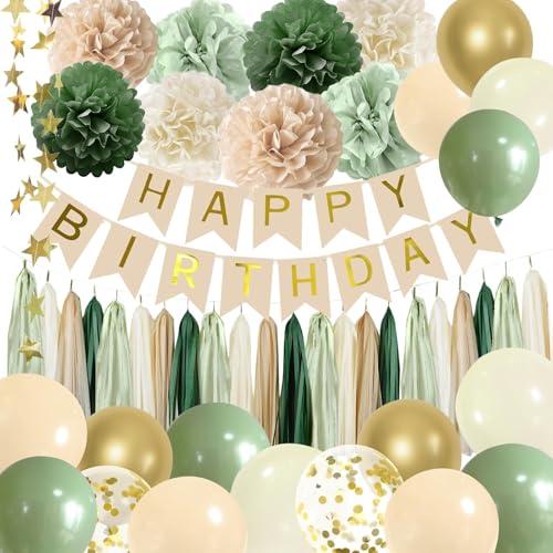 ELTNEGSA Sage Green Birthday Party Decorations with Banner, Tissue Tassels, Paper Pompoms, Balloons, Star Garland, Cake Topper