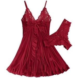 Foxiny Open Front Ruffle Sheer Mesh Lace Wireless Babydoll Lingerie Dress with Thong 2 Piece, M