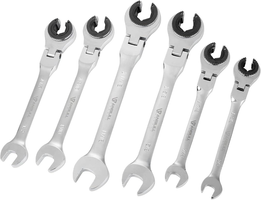 Anbull Ratcheting Combination Wrench with Open Flex head, 6PCS SAE Ratcheting Wrench Set with 180 Flex-head, 72 Gears Cr-V Steel Constructed