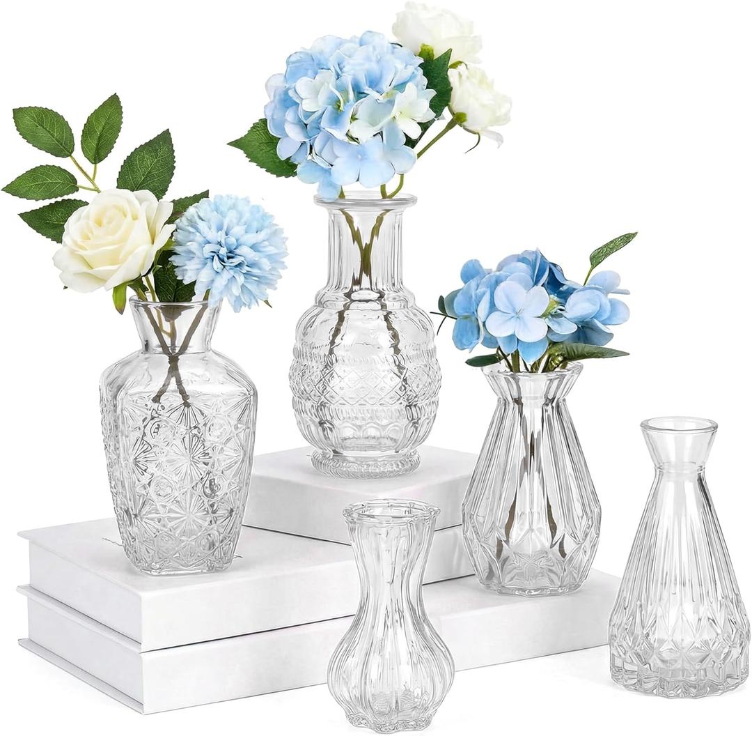 Glass Bud Vases in Bulk Set of 5, Clear Transparent Small Mini Vases for Flowers, Vintage Vase for Centepiece,Wedding, Table Decor, Baby Shower, Christmas, Home and Events