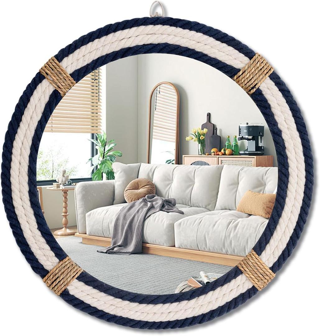 Vercraft Coastal Mirror 24" Wall Decor with Rope Wrapped Trim and Hanging Loop Nautical Round Circle Mirror Nautical Rustic Decorative for the Living Room, Bedroom Bathroom and Entryway