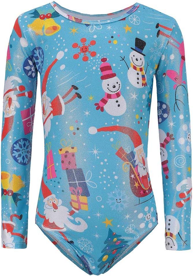 Christmas Gymnastic Leotards for Girl Long Sleeve Athletic Dance Bodysuit Outfit (5-6 Years, Blue)