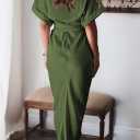 Women Elegant Satin Button Down Short Sleeve Maxi Shirt Dress with Belt (Small, 01-army Green)