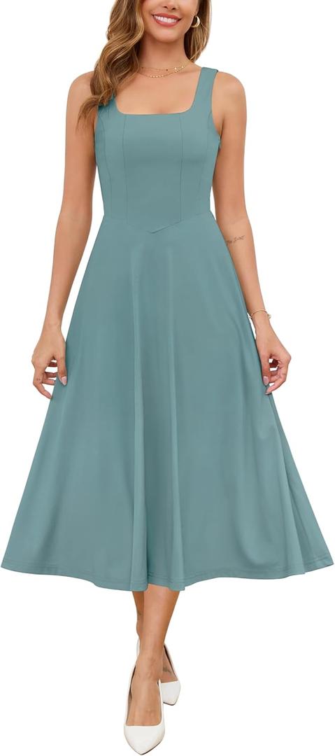 Zattcas Womens 2025 Spring Summer Square Neck Sleeveless Flowy Swing Midi Dress Wedding Guest Prom Cocktail Party Dress (Medium, Blue Green) Zattcas Womens 2025 Spring Summer Square Neck Sleeveless Flowy Swing Midi Dress Wedding Guest Prom Cocktail Party Dress (Medium, Blue Green)