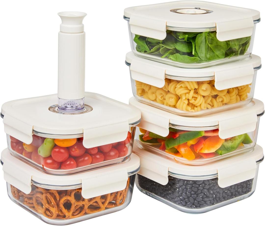 HOLDN STORAGE Vacuum Food Storage Containers, Set of 6 Glass Containers & Manual Pump - Keep Food Fresh Longer, BPA-Free Glass, Leak-Proof, Ideal for Meal Prep, Marinating