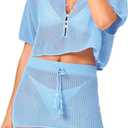 Sovoyontee Women's 2 Piece Swimsuit Coverup Crochet Hollow Out Bathing Suit Swim Beach Cover Up Crop Top Skirt Sets (Beige, L)