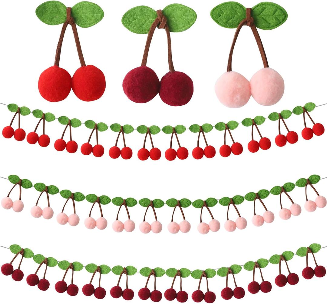 3 Pack Cherry Garland Decoration, Cherry Birthday Garland Banner, Wall Hanging Home Room Decor, for Bedroom, Nursery Room, Dorm Decor, Wedding, Party (Red, Pink and Wine Red)