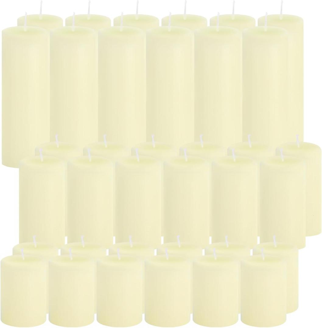 36 Pcs Ivory Pillar Candles Bulk SetHurricane Candles3 Different Lengths 2 x 3/4/6 Inch (12 Each)Dripless Unscented SmokelessGives You a Better Atmosphere When Organizing an Event Party.