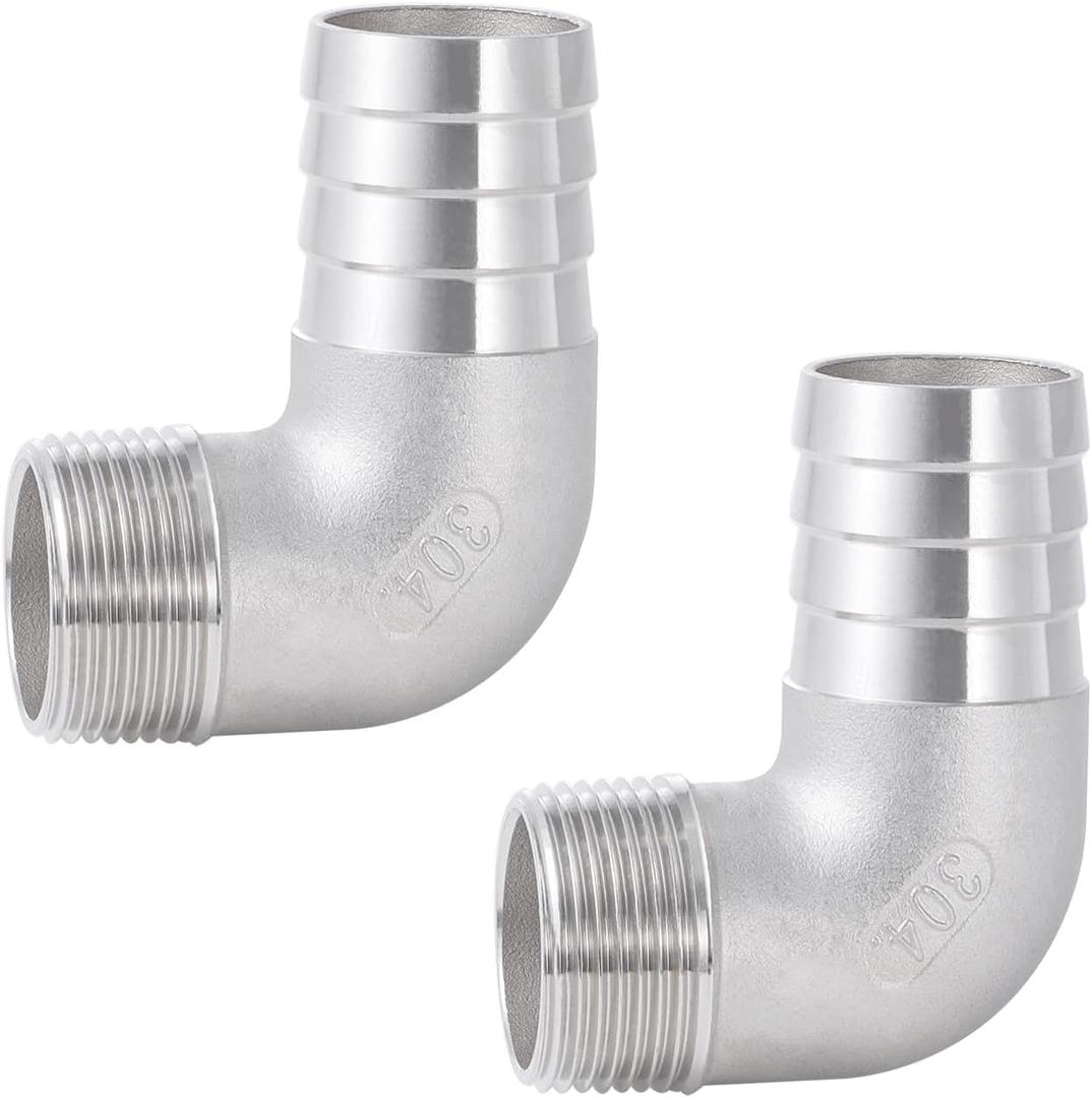 304 Stainless Steel 90 Degree Elbow 1" Hose Barb x 1" Male NPT for Air Water Fuel Home Brew Pipe Fitting, 2 pcs
