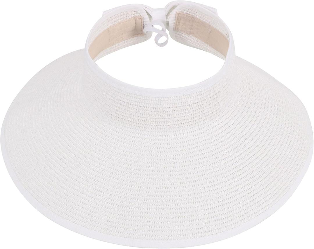 Simplicity Women's Wide Brim Straw Sun Visor Hat Roll Up Straw White Sun Hat for Women