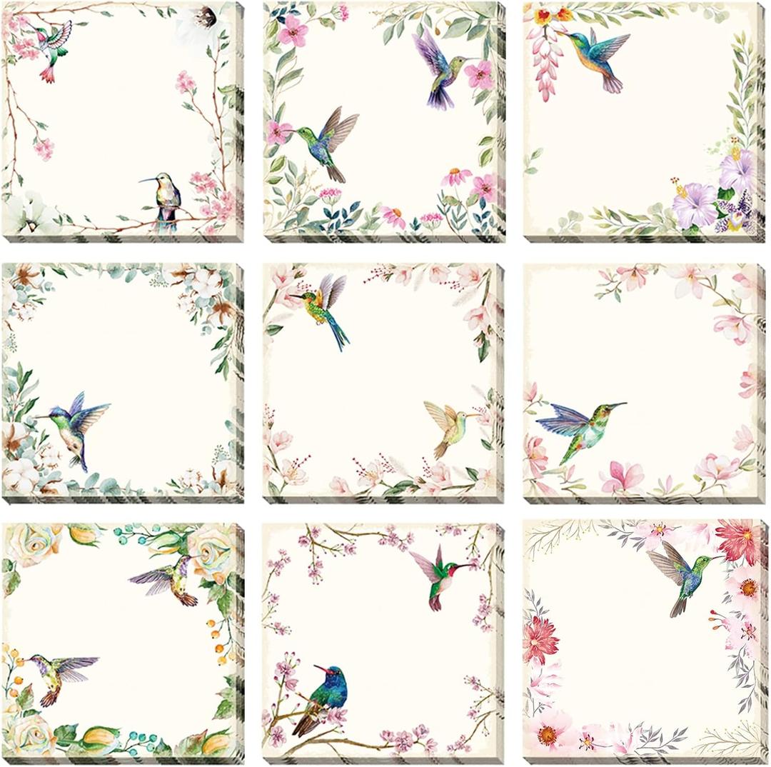 Sabary 450 Sheets Hummingbird Sticky Notes 3'' x 3'' Vintage Bird Floral Mini Notepad Christmas Hummingbird Lover Gifts for Women Adhesive Memo for Study Work School Teacher Student Supplies, 9 Styles