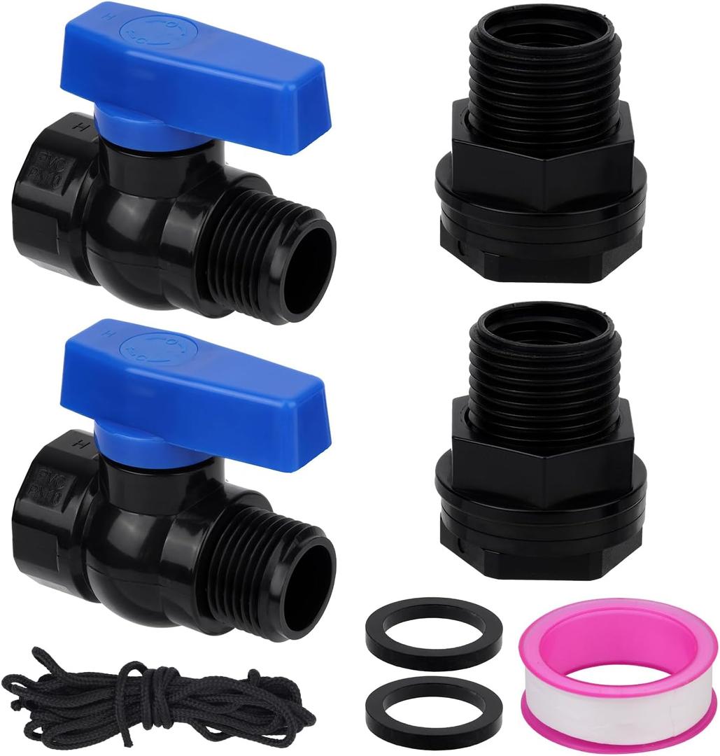 BOXOB 2pcs 3/4" GHT PVC Rain Barrel Spigot Kit, Garden Diverter Kit with Bulkhead Fitting, Hose Faucet Adapter & Thread Seal Tape, Drain Valve Connector for Water Tank, Aquarium, Pool, Garden Barrel