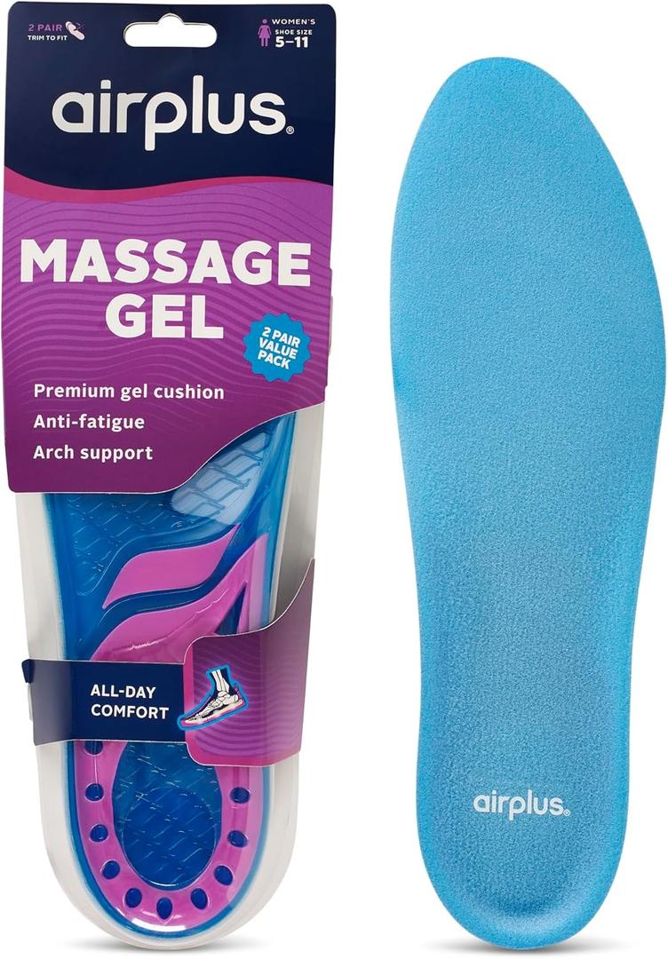 Airplus Massage Gel Insoles, Premium Gel Cushioning with Heel and Ball-of-Foot, Arch Support Insoles, Thin Profile, Trim-to-Fit, Full Length Comfort for Casual, Athletic, and Dress Shoes, Women's 5-11 (Blue)