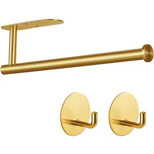 Paper Towel Holder with 2 Hooks-Under Cabinet Paper Towel Holder for Kitchen, Self-Adhesive or Screws, Space Saving Wall Mounted Kitchen Roll Holder, Bathroom, Stainless Steel Brushed Gold