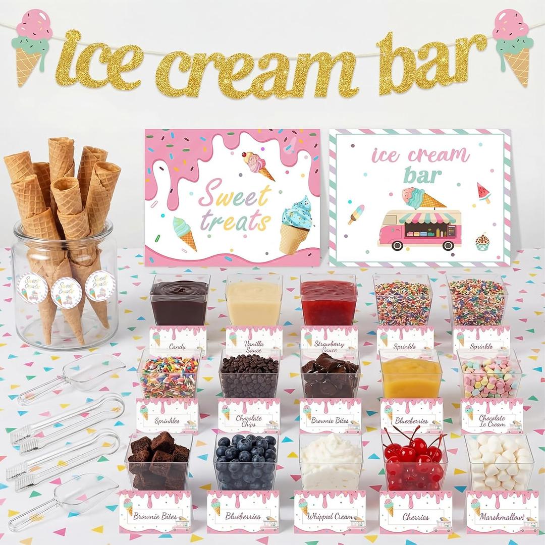 Meanplan 79 Pcs Ice Cream Bar Party Decoration Kit Includes 16 Cups 8 Scoops 8 Tongs 1 Banner 2 Poster Banner 20 Tent Card 24 Round Sticker, Ice Cream Social Decoration Birthday Dessert Table Supplies