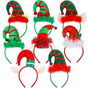 Aodaer 8 Pack Christmas Headbands Cute Elf Hat Costume Headwear Xmas Hair Hoop for Christmas Party Holiday Favors Elves Party Decoration