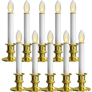 SUNSGNE Battery Operated Window Candles, Flameless Window Candles for Holiday Home Table Christmas Decor, C26 3V LED Bulbs, 10 Pack, Gold Base